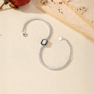 925 Sterling Silver Black Enamel Rectangle CZ Slider Tennis Bracelet 100100240