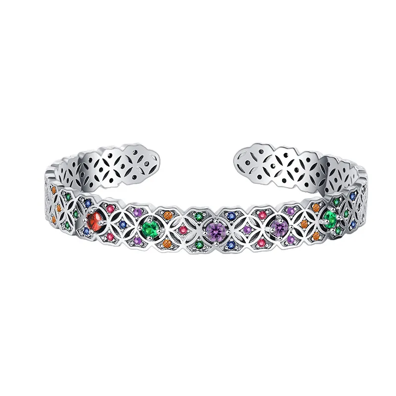 Vintage Rainbow Zirconia Flower Cuff Bangles 100200009