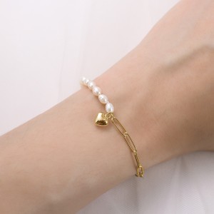 925 Sterling Silver Baroque Pearl Paperclip Heart Bracelet 100500008