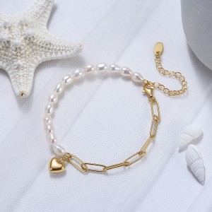 925 Sterling Silver Baroque Pearl Paperclip Heart Bracelet 100500008