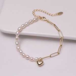 925 Sterling Silver Baroque Pearl Paperclip Heart Bracelet 100500008