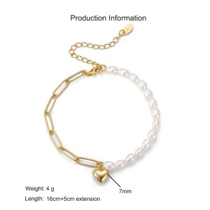 925 Sterling Silver Baroque Pearl Paperclip Heart Bracelet 100500008