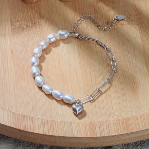 925 Sterling Silver Baroque Pearl Paperclip Heart Bracelet 100500008