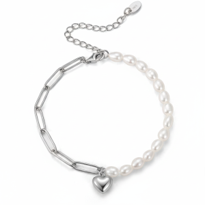 925 Sterling Silver Baroque Pearl Paperclip Heart Bracelet 100500008