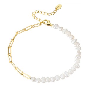925 Sterling Silver Baroque Pearl Paperclip Bracelet 100500009