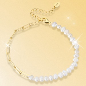 925 Sterling Silver Baroque Pearl Paperclip Bracelet 100500009