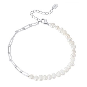 925 Sterling Silver Baroque Pearl Paperclip Bracelet 100500009