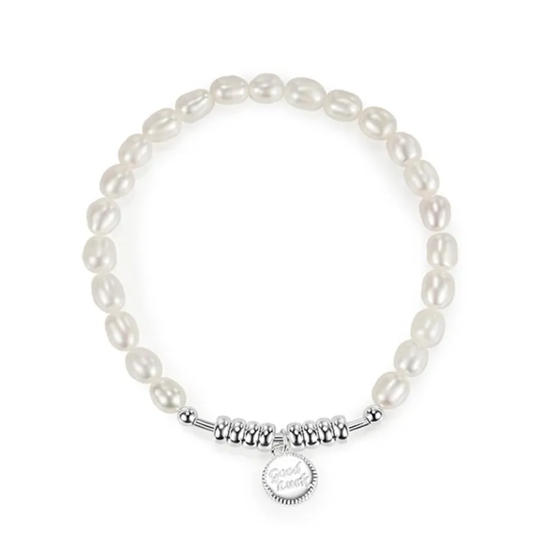 925 Sterling Silver Letter Charm Baroque Pearl Bracelet 100500019