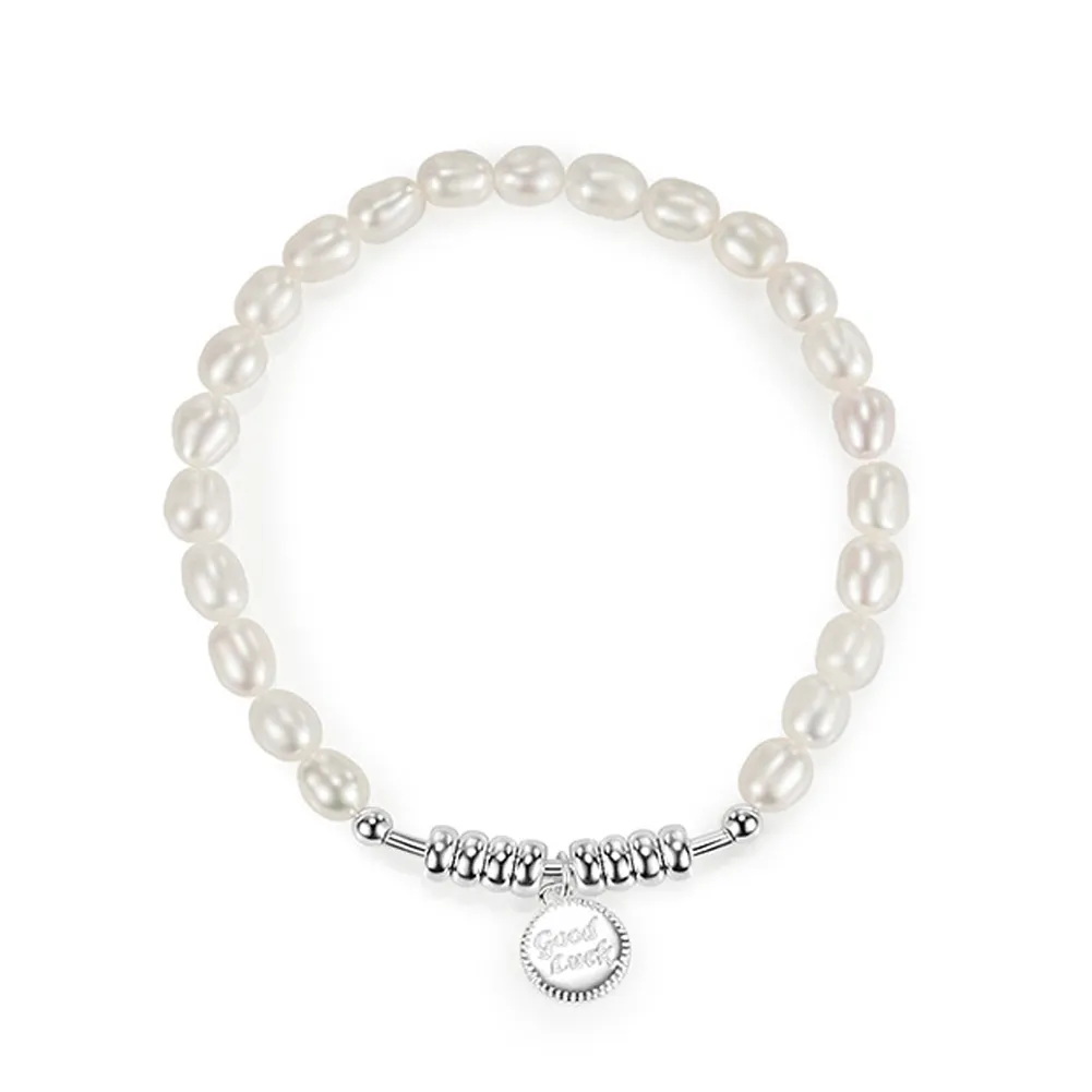 925 Sterling Silver Letter Charm Baroque Pearl Bracelet 100500019