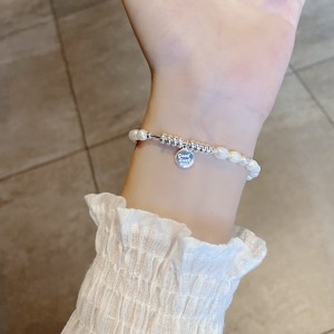 925 Sterling Silver Letter Charm Baroque Pearl Bracelet 100500019