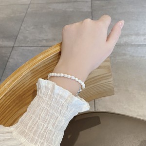 925 Sterling Silver Letter Charm Baroque Pearl Bracelet 100500019