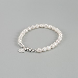 925 Sterling Silver Letter Charm Baroque Pearl Bracelet 100500019