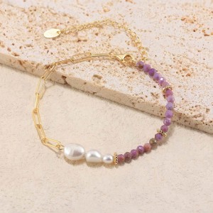 925 Sterling Silver Purple Mica Pearl Paperclip Bracelet 100500021