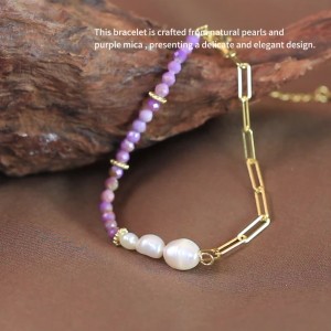 925 Sterling Silver Purple Mica Pearl Paperclip Bracelet 100500021