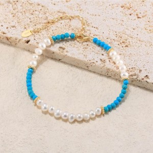925 Sterling Silver Vintage Turquoise Pearl Bracelet 100500022