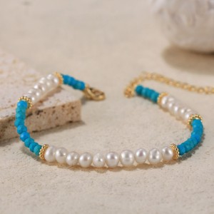 925 Sterling Silver Vintage Turquoise Pearl Bracelet 100500022