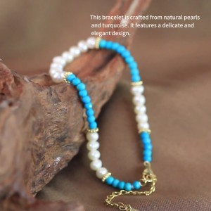 925 Sterling Silver Vintage Turquoise Pearl Bracelet 100500022