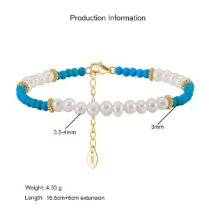 925 Sterling Silver Vintage Turquoise Pearl Bracelet 100500022