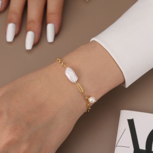 925 Sterling Silver Fresh Water Pearl  Paper Clip Bracelet 100500023