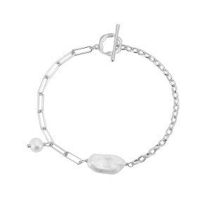 925 Sterling Silver Fresh Water Pearl  Paper Clip Bracelet 100500023