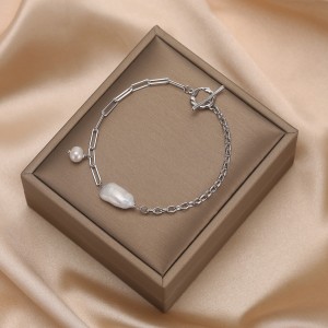 925 Sterling Silver Fresh Water Pearl  Paper Clip Bracelet 100500023