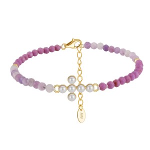 925 Sterling Silver Purple Mica Pearl Cross Bracelet 100500024