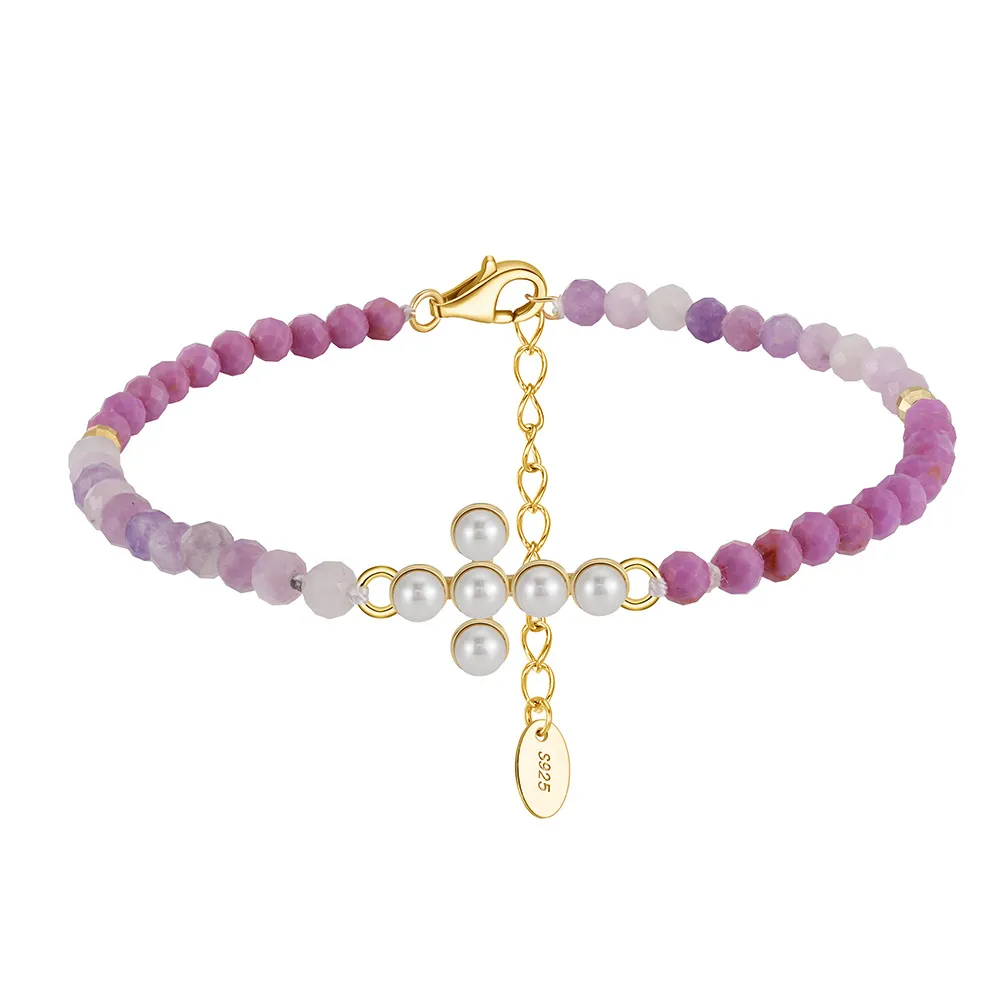 925 Sterling Silver Purple Mica Pearl Cross Bracelet 100500024