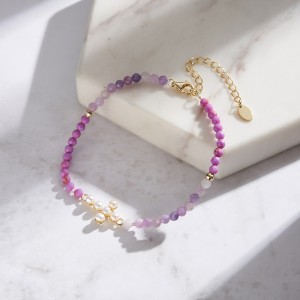 925 Sterling Silver Purple Mica Pearl Cross Bracelet 100500024