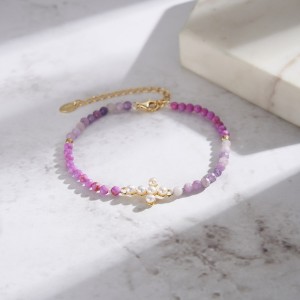 925 Sterling Silver Purple Mica Pearl Cross Bracelet 100500024