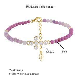 925 Sterling Silver Purple Mica Pearl Cross Bracelet 100500024