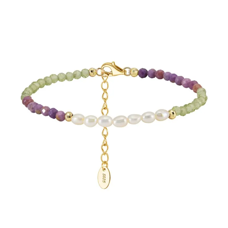 925 Sterling Silver Purple Mica Peridot Pearl Bracelet 100500025