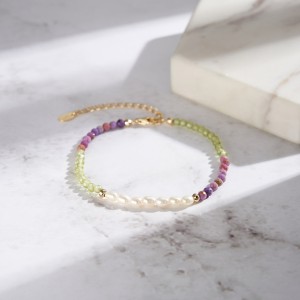 925 Sterling Silver Purple Mica Peridot Pearl Bracelet 100500025