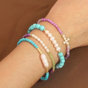 925 Sterling Silver Purple Mica Peridot Pearl Bracelet 100500025