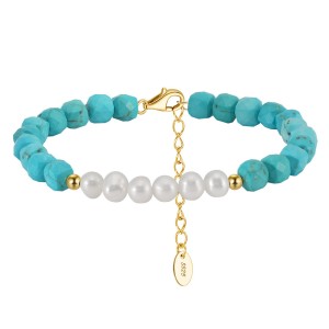 925 Sterling Silver Natural Pearl Turquoise Bead Bracelet  100500027