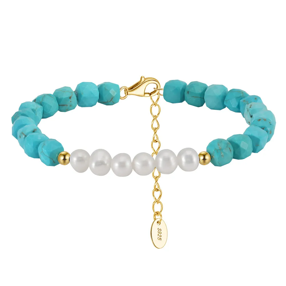 925 Sterling Silver Natural Pearl Turquoise Bead Bracelet  100500027