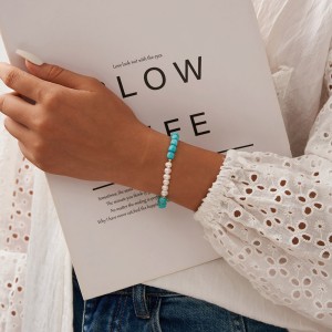 925 Sterling Silver Natural Pearl Turquoise Bead Bracelet  100500027