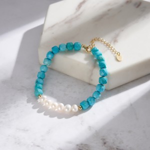 925 Sterling Silver Natural Pearl Turquoise Bead Bracelet  100500027
