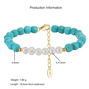 925 Sterling Silver Natural Pearl Turquoise Bead Bracelet  100500027