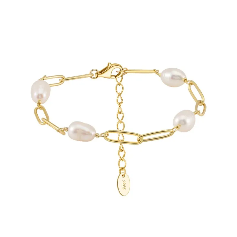 925 Sterling Silver Paperclip Pearl Bracelet 100500028