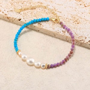 925 Sterling Silver Vintage Turquoise Pearl Chain Bracelet 100500031