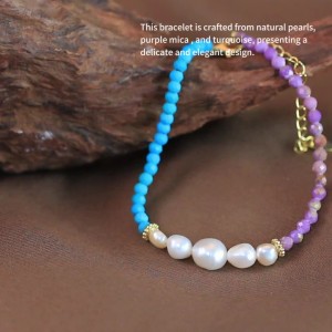 925 Sterling Silver Vintage Turquoise Pearl Chain Bracelet 100500031