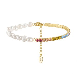 925 Sterling Silver Colorful  Zircon Tennis Pearl Bracelet 100500034