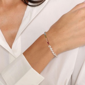 925 Sterling Silver Colorful  Zircon Tennis Pearl Bracelet 100500034