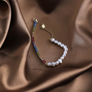 925 Sterling Silver Colorful  Zircon Tennis Pearl Bracelet 100500034