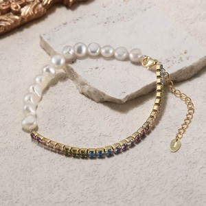 925 Sterling Silver Colorful  Zircon Tennis Pearl Bracelet 100500034