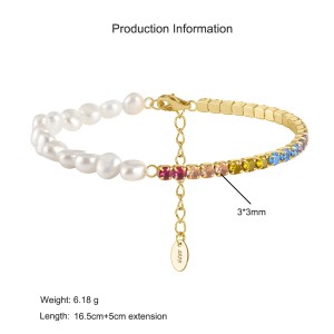 925 Sterling Silver Colorful  Zircon Tennis Pearl Bracelet 100500034
