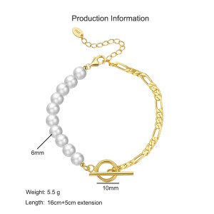 925 Sterling Silver Pearl Figaro Chain T-Bar Clasp Bracelet 100500042