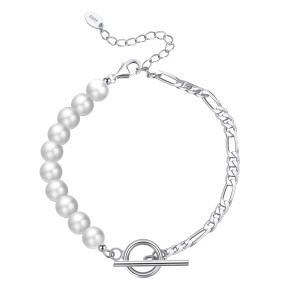 925 Sterling Silver Pearl Figaro Chain T-Bar Clasp Bracelet 100500042