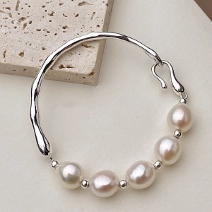 925 Sterling Silver Freshwater Pearl Half Bangle Bracelet 100500046
