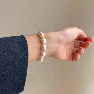 925 Sterling Silver Freshwater Pearl Half Bangle Bracelet 100500046